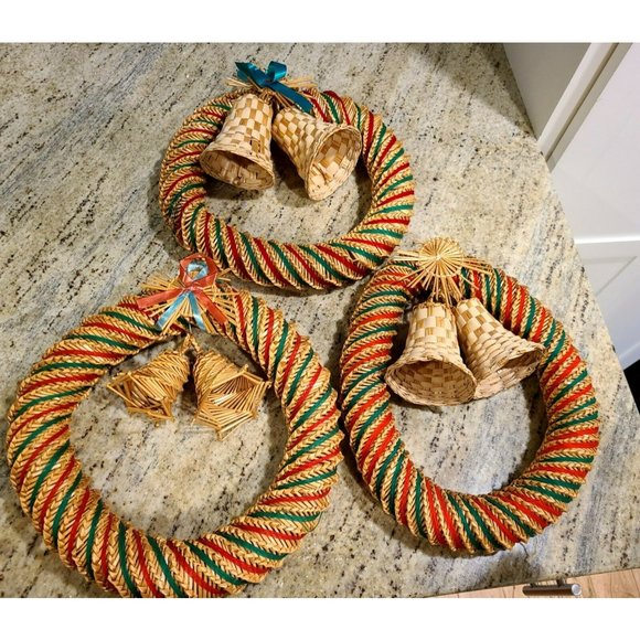 Unbranded Holiday Scandinavian Swedish Straw Christmas Wreath With Bells Set Of 3 App 1 Diam