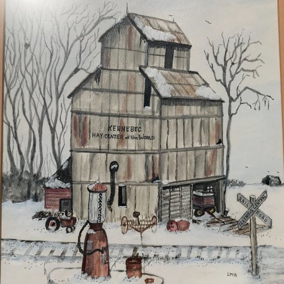 Art Original Vintage Lmh Watercolor Framed Kennebec Grain Elevator