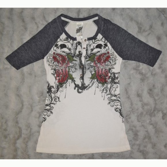 Crash & Burn Tops Crash And Burn Buckle Skull Roses Anchor Crystal Button Half Sleeve Top