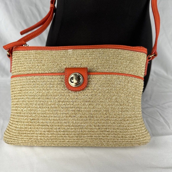 Talbots Bags Talbots Womens Woven Straw Crossbody Purse Brown Orange Leather Trim Poshmark