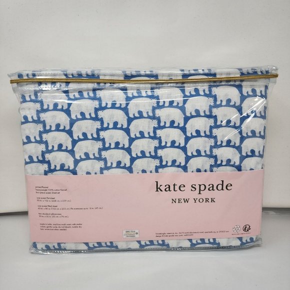 kate spade Bedding Kate Spade Flannel Sheet Set Queen 4 Pieces Blue White Printed Polar Bear
