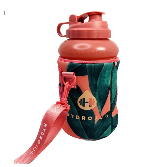 HydroJug Dining Hydrojug 73oz Pink Water Bottle With Tropical Leaf Sleeve Pop Up Straw
