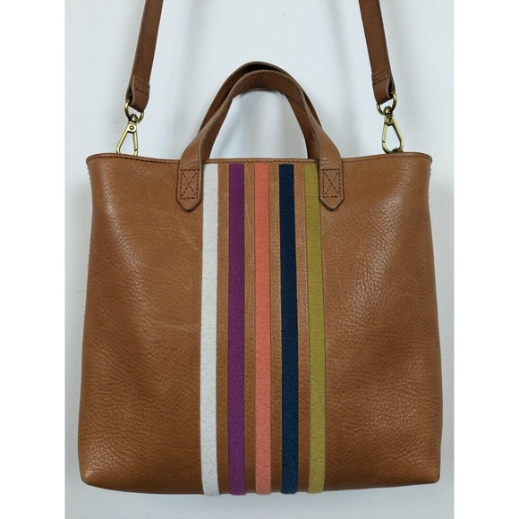 Madewell Bags Madewell The Transport Stripe Embroidered Zip Top Crossbody Tote Brown Leather
