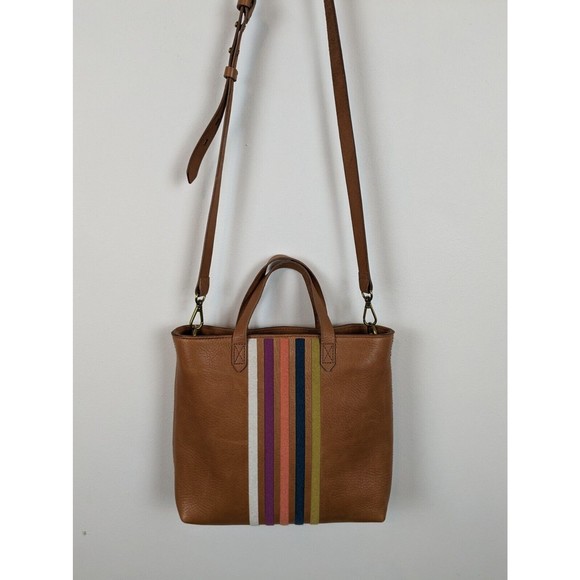 Madewell Bags Madewell The Transport Stripe Embroidered Zip Top Crossbody Tote Brown Leather
