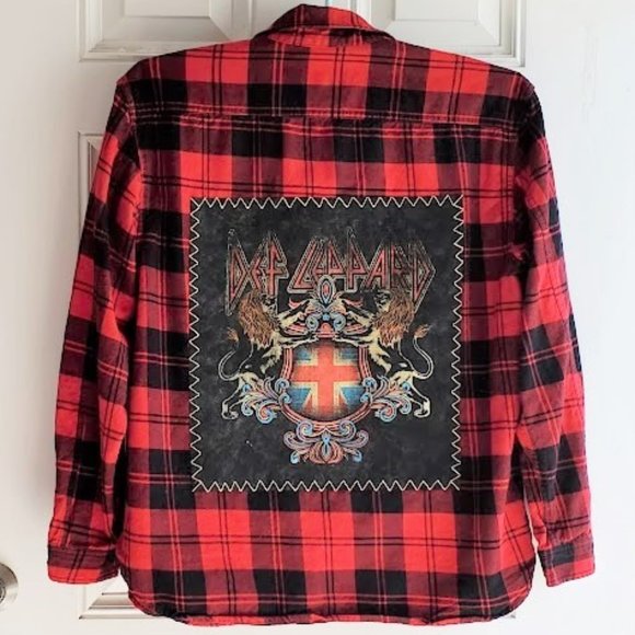 Original Use Shirts Upcycled Flannel Shirt With Def Leppard Music Band Handcrafted Tee On