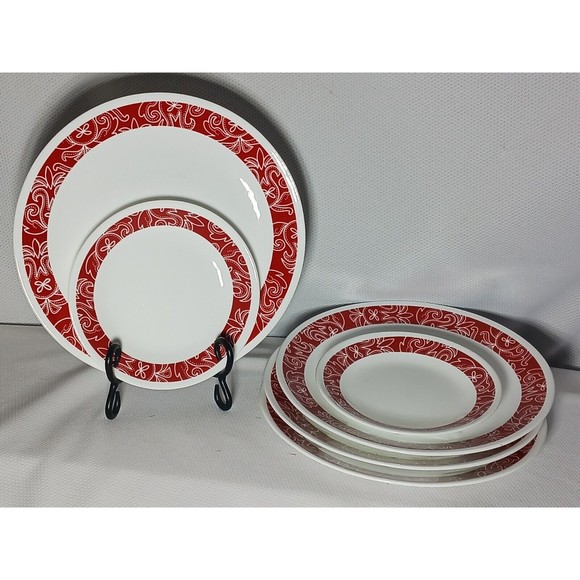 Dining Set Of 6 Corelle Bandhani Plates 4 Dinner 2 Bread Dessert Red