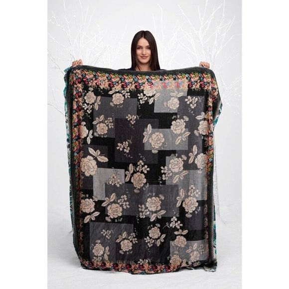 Johnny Was Bedding Johnny Was Willa Travel Blanket Reversible Floral Black Home Lounge Grey