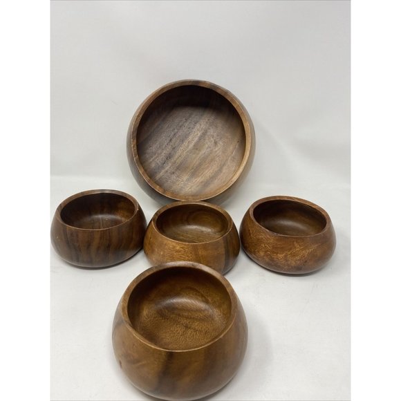 Unbranded Dining Vintage Mcm Solid Teak Good Wood Salad Bowl Set Of