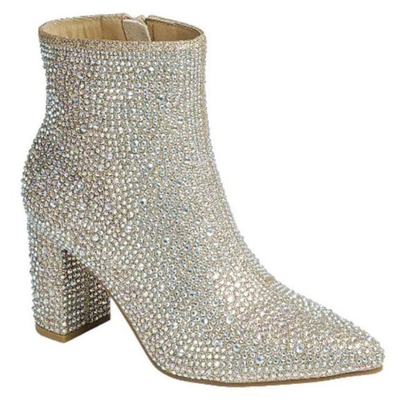 Shoes New Women Champagne Gold Rhinestone Blingy Pointed Ankle Boots