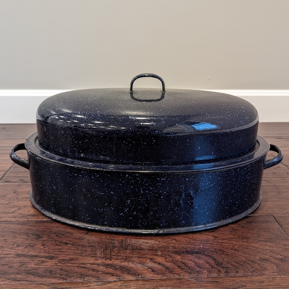 Kitchen Blue Enamel Savory Oval Doublewalled Chicken Roaster Roasting Pan Poshmark