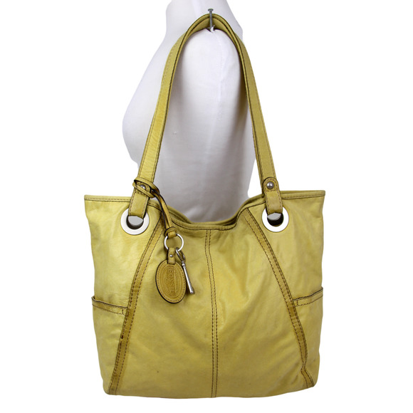 Fossil Bags Roomy Fossil Mustard Yellow Genuine Leather Shoulder Bag Handbag Tote Hobo Purse
