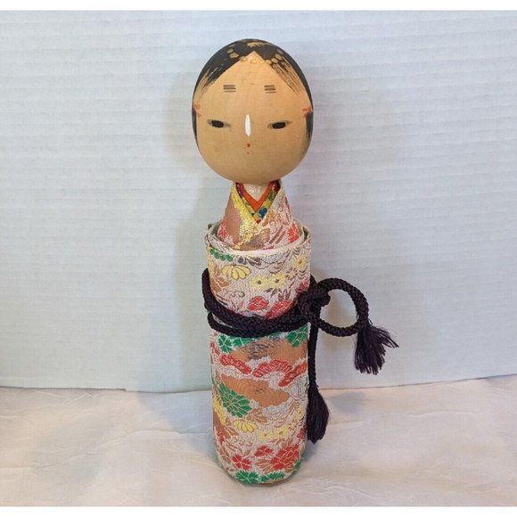Accents Vtg Japanese Doll Kokeshi Style Scroll Emaki Silk Wood Kimono