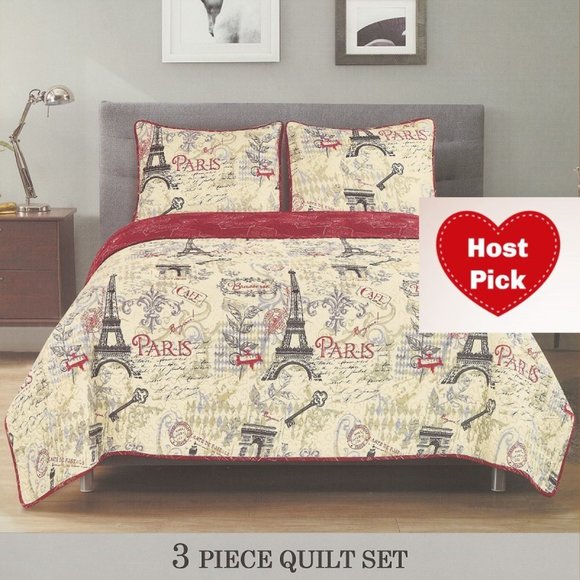 Bedding 3 Piece Quilted Bedspread Set Paris Eiffel Tower Arc De