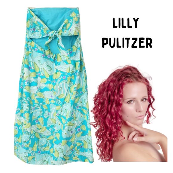 Lilly Pulitzer Dresses Lilly Pulitzer Blue Green Strapless Fish Print Halter Dress Womens
