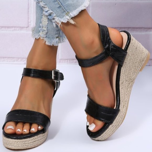 YASIRUN Shoes Yasirun Black Crocembossed Espadrille Wedge Sandal