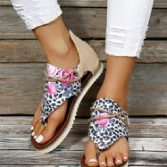 Yasirun Shoes Yasirun Rose White Leopard Print Braid Accent Sandal