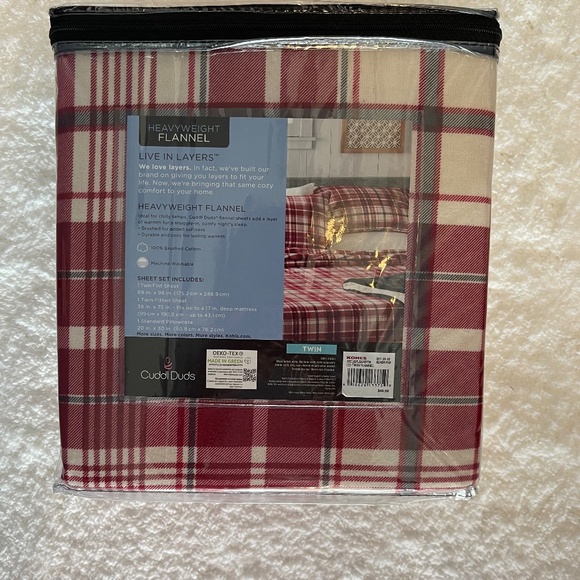 Cuddl Duds Bedding Cuddl Duds Twin Size Heavy Weight Flannel Red Ivory Plaid Sheet Set Nwt