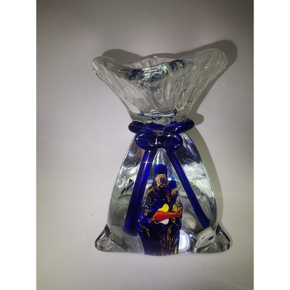 Murano Art Art Glass Aquarium Fish In A Bag Paperweight Blue Ribbon