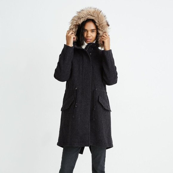 Madewell Jackets & Coats Madewell Vancouver Parka Women M Gray Wool Coat Faux Fur Hood Ae269