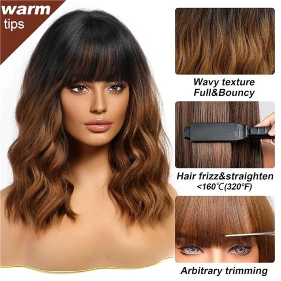 Hair Short Wavy Wig With Bangs Natural Looking Ombre Brown 1 Poshmark