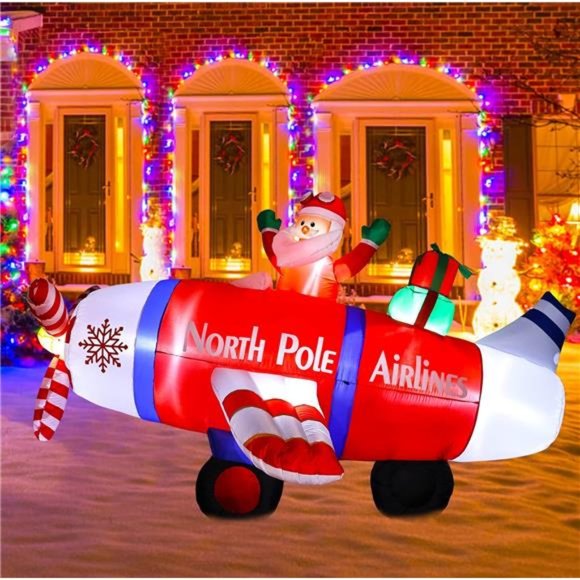 Holiday 8 Ft Christmas Inflatables Blow Up Santa Claus Flying Polar Airplane With Gift Poshmark