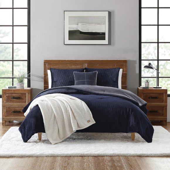 UGG Bedding Ugg Brody 5pc Reversible King Comforter Set Navy Blue Thermal Warm Corduroy New