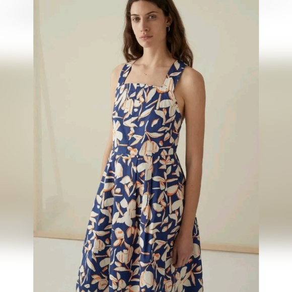 Toast Dresses Toast Kado Floral Cotton Blue Floral Midi Dress Uk 8