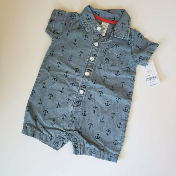 Carter's One Pieces Carters Chambray Romper 6 Month Blue Anchor