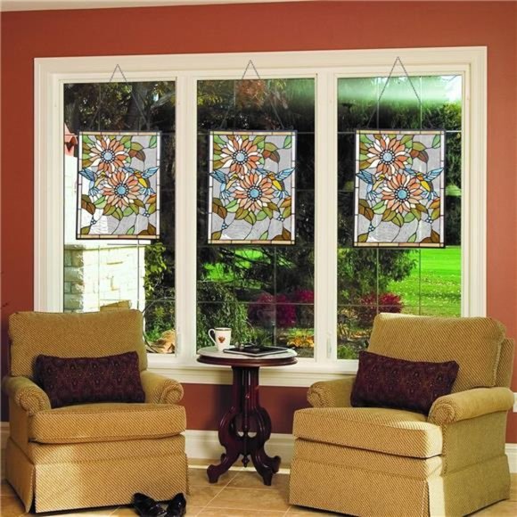 Accents Sunflower Humming Bird Rectangle Stained Glass Window