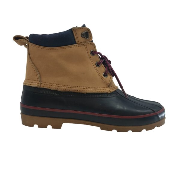 Lands' End Shoes Lands End Duck Ankle Boot Womens 415 Blue Rubber Tan Leather Padded Lace Up