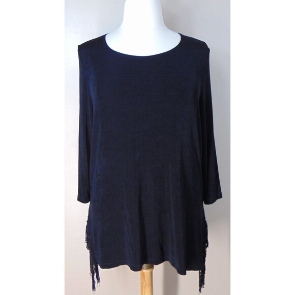 Chico's Tops Chicos Travelers Solid Black Top Slinky Side Fringe