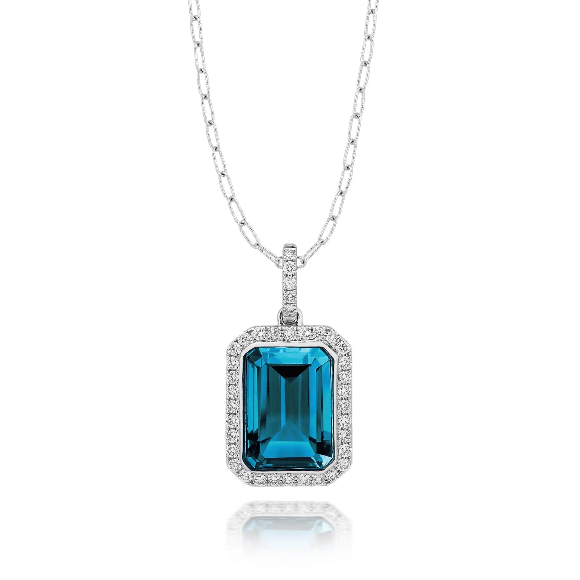 Beveled Rectangle 18k White Gold Diamond Pendant With London Blue Topaz