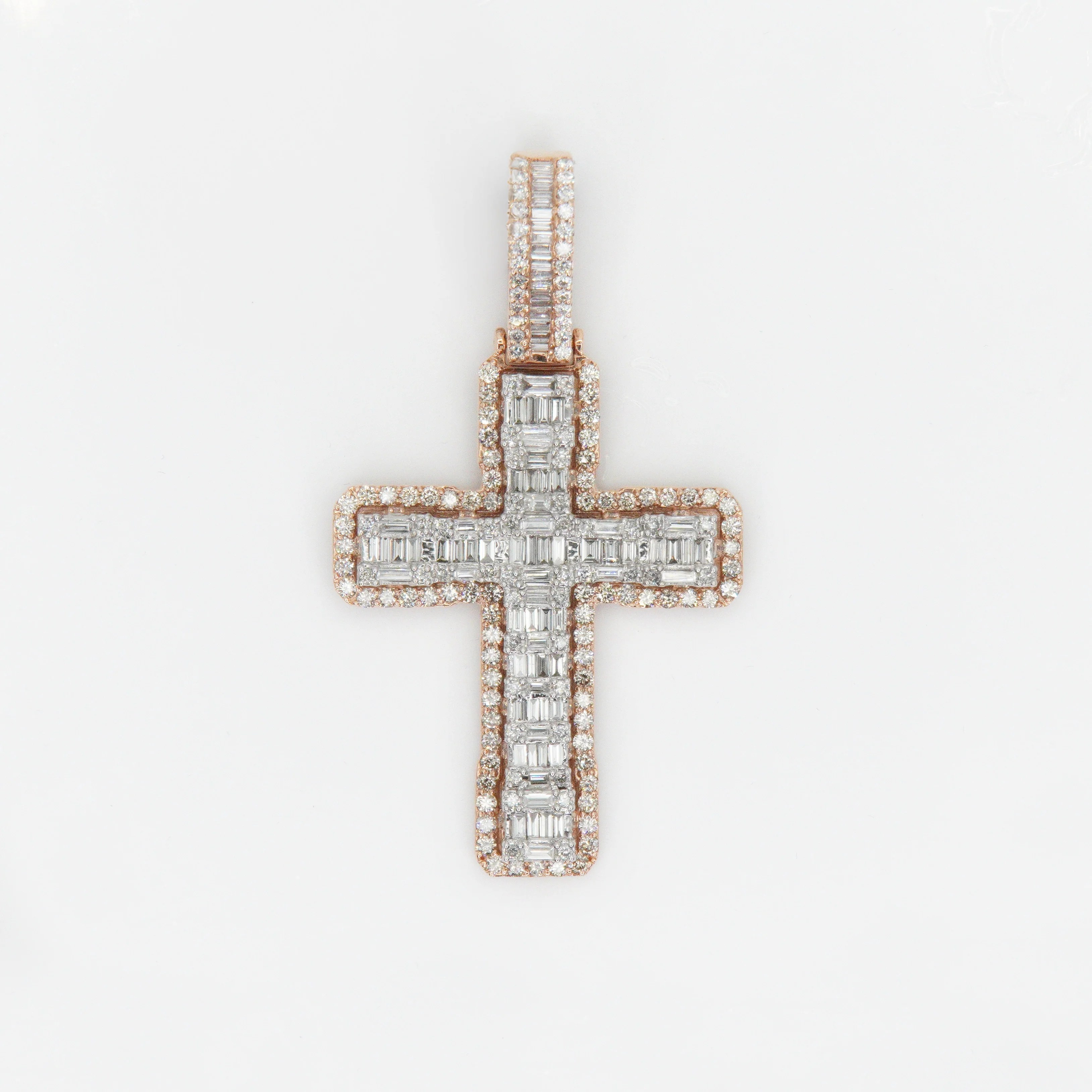 14k Solid Rose Gold Baguette Diamond Elevated 3D Cross