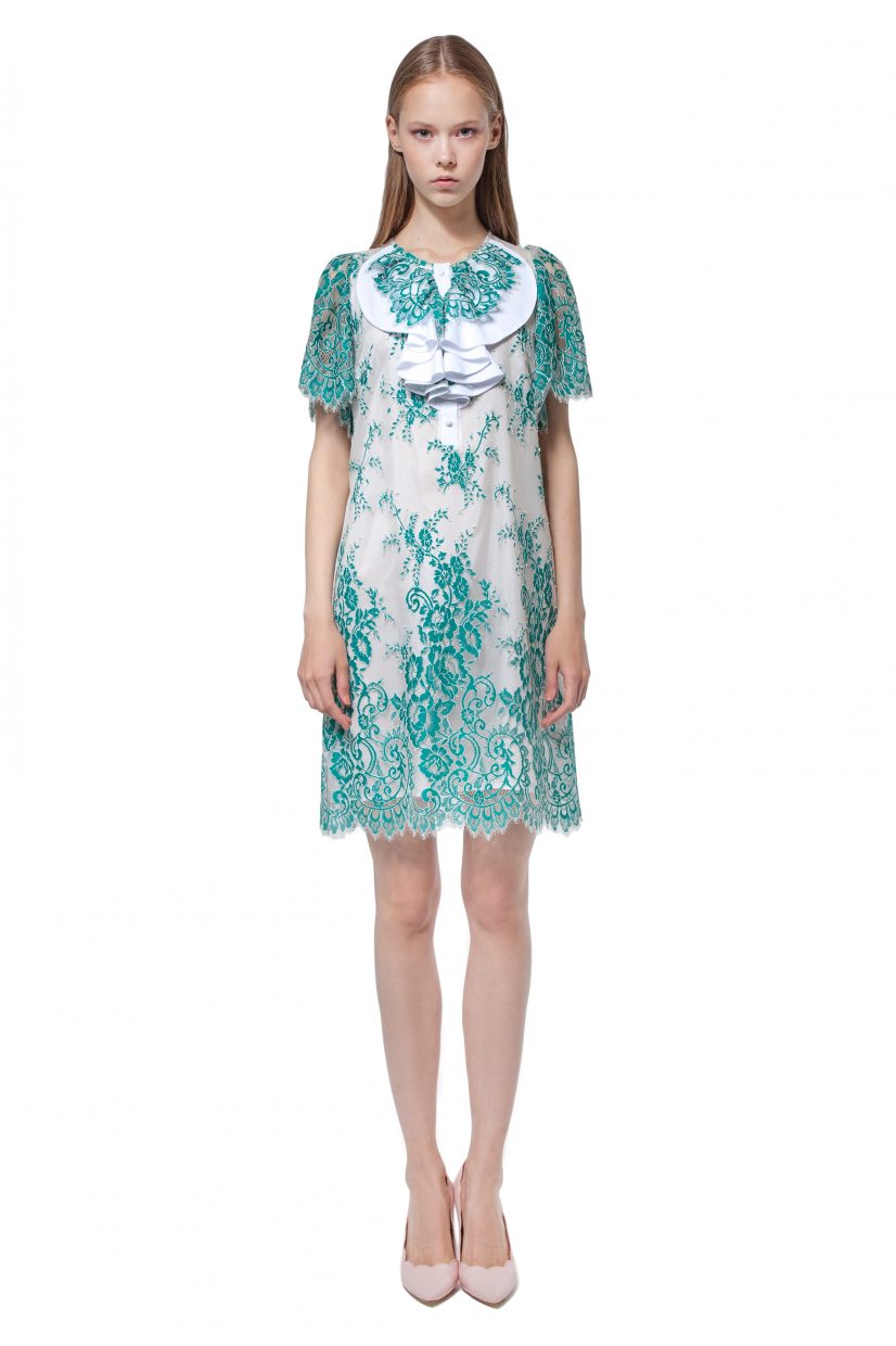 Green lace dress with jabot 1 Diana Arno