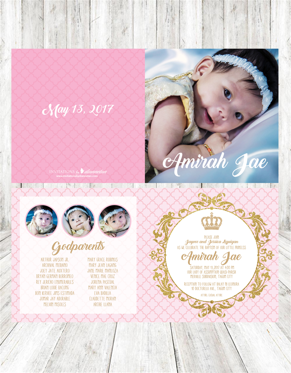 Amirah’s Pink and Gold Princess Crown Baptism Invitations, Philippines