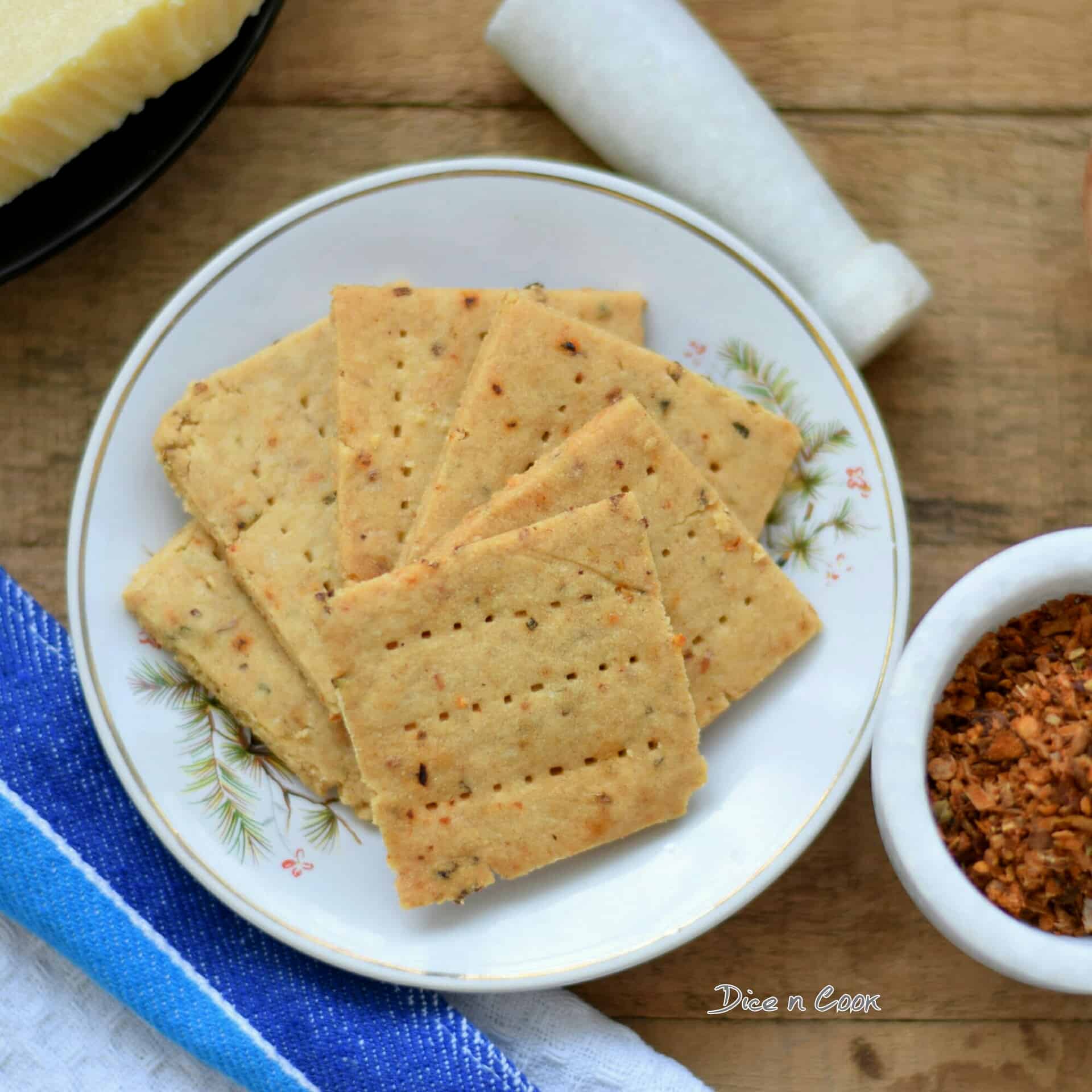 Eggless Cheese Crackers Dice n Cook