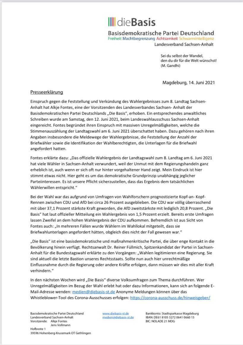 Pressemitteilung der Partei “dieBasis” dieBasis LV Bayern