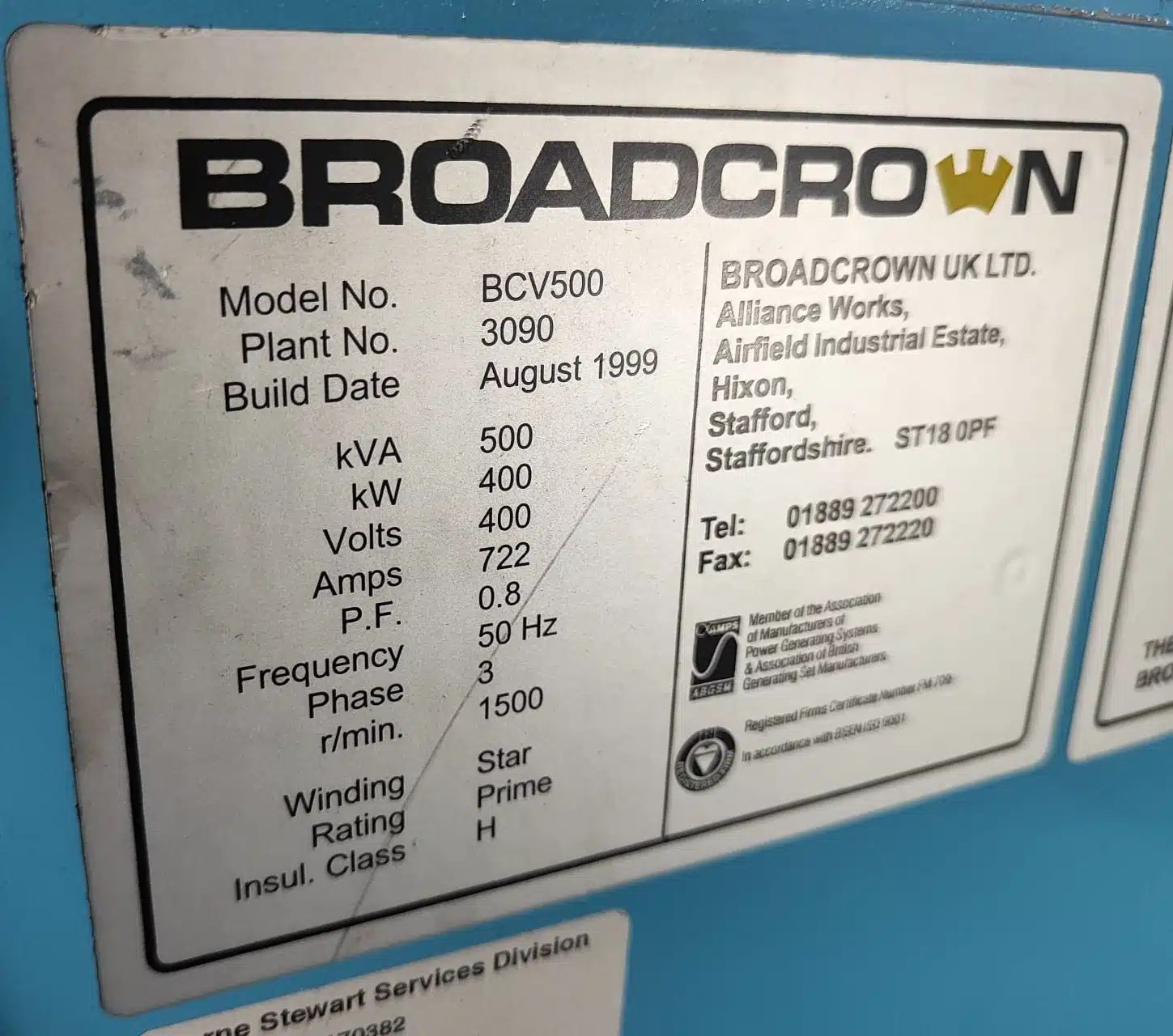 500 kVA Broadcrown, Volvo/Stamford Generator in 20ft Acoustic Container