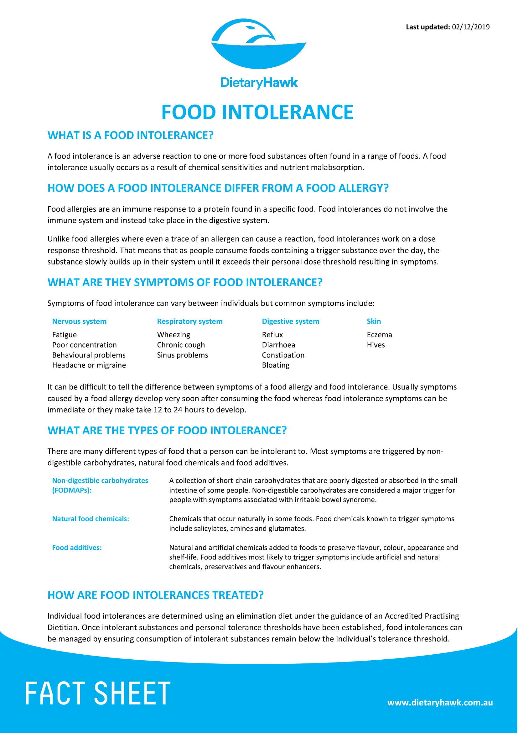 Food Intolerance Fact Sheet Dietary Hawk