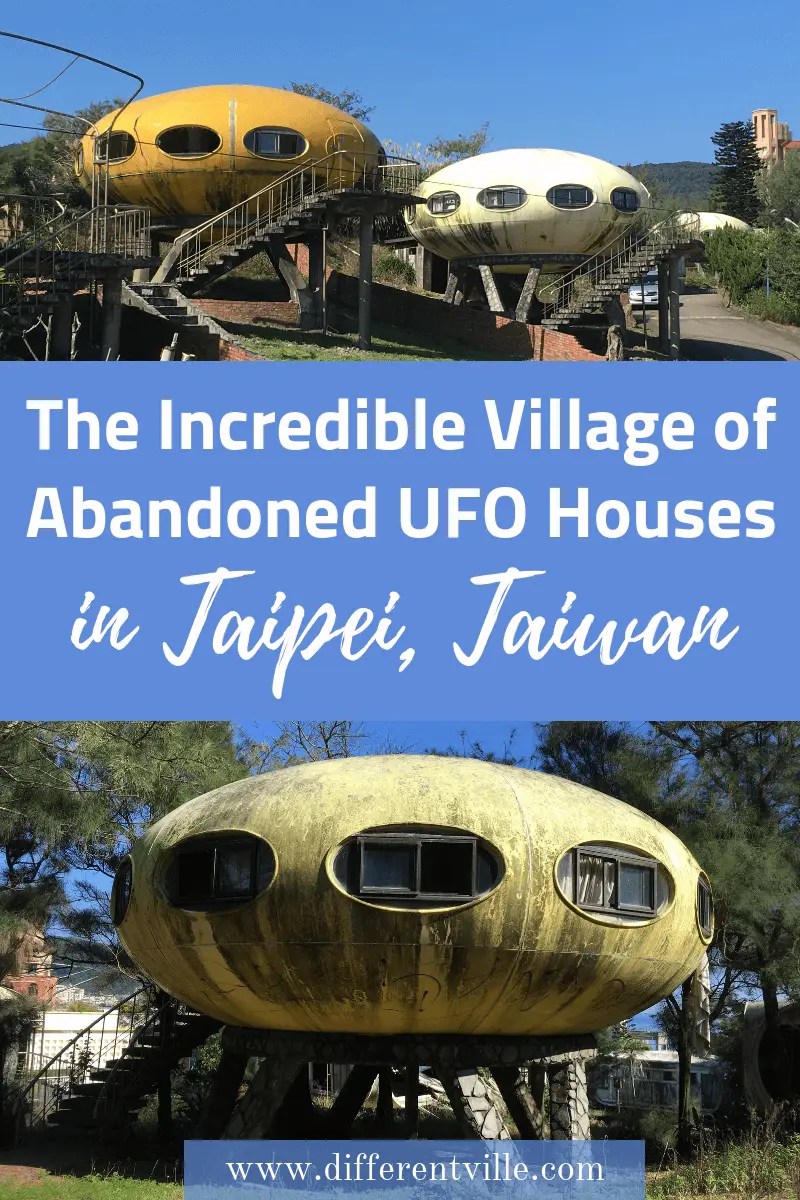 Just a short bus ride from Taipei, Taiwan is an abandoned village of UFO style Futuro Houses. Here's how to find it if you're planning a trip to Taipei and are looking for something a different thing to add to your list of things to do in Taipei. Click to read it now or save it to your Taipei or Taiwan board for later. #taipei #futurohouses #architecture #thingstodointaipei #taiwan