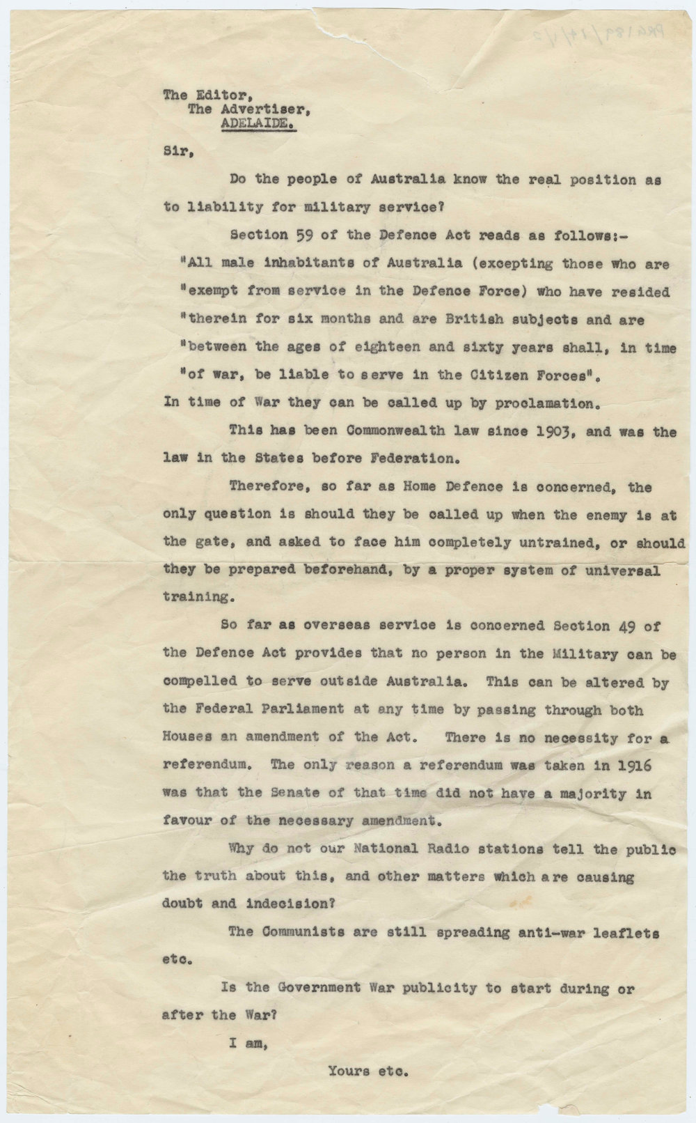 Letter to the Editor, The Advertiser, Adelaide State Library of South