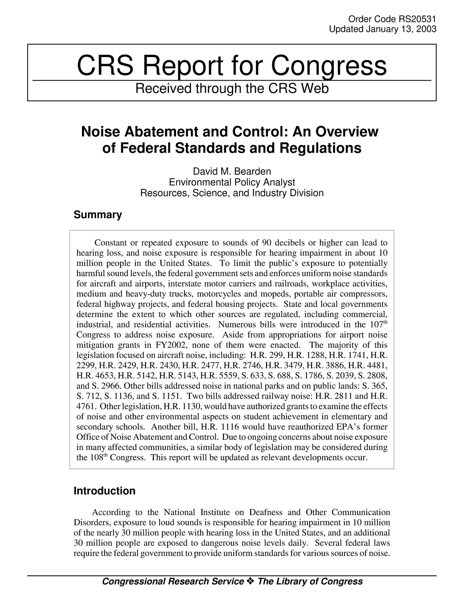 Noise Abatement and Control An Overview of Federal Standards and