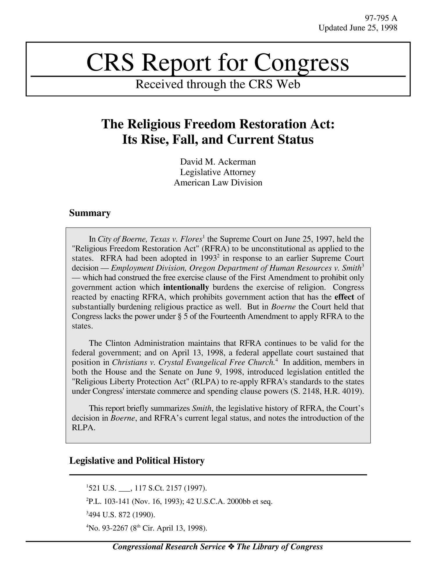 The Religious Freedom Restoration Act Its Rise, Fall, and Current