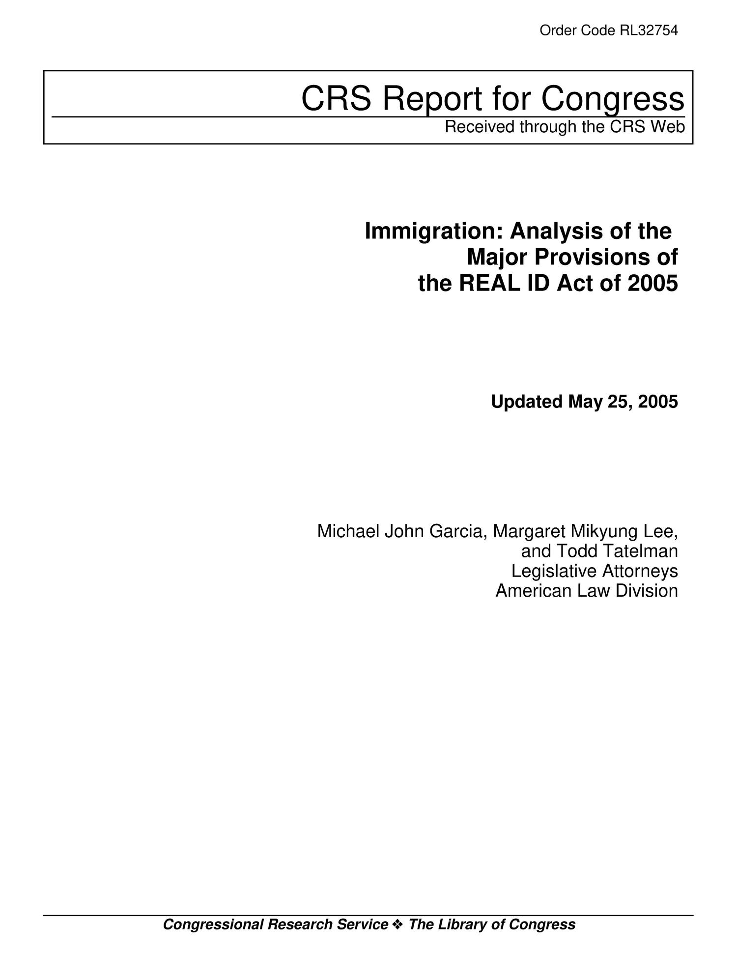 Immigration Analysis of the Major Provisions of the REAL ID Act of