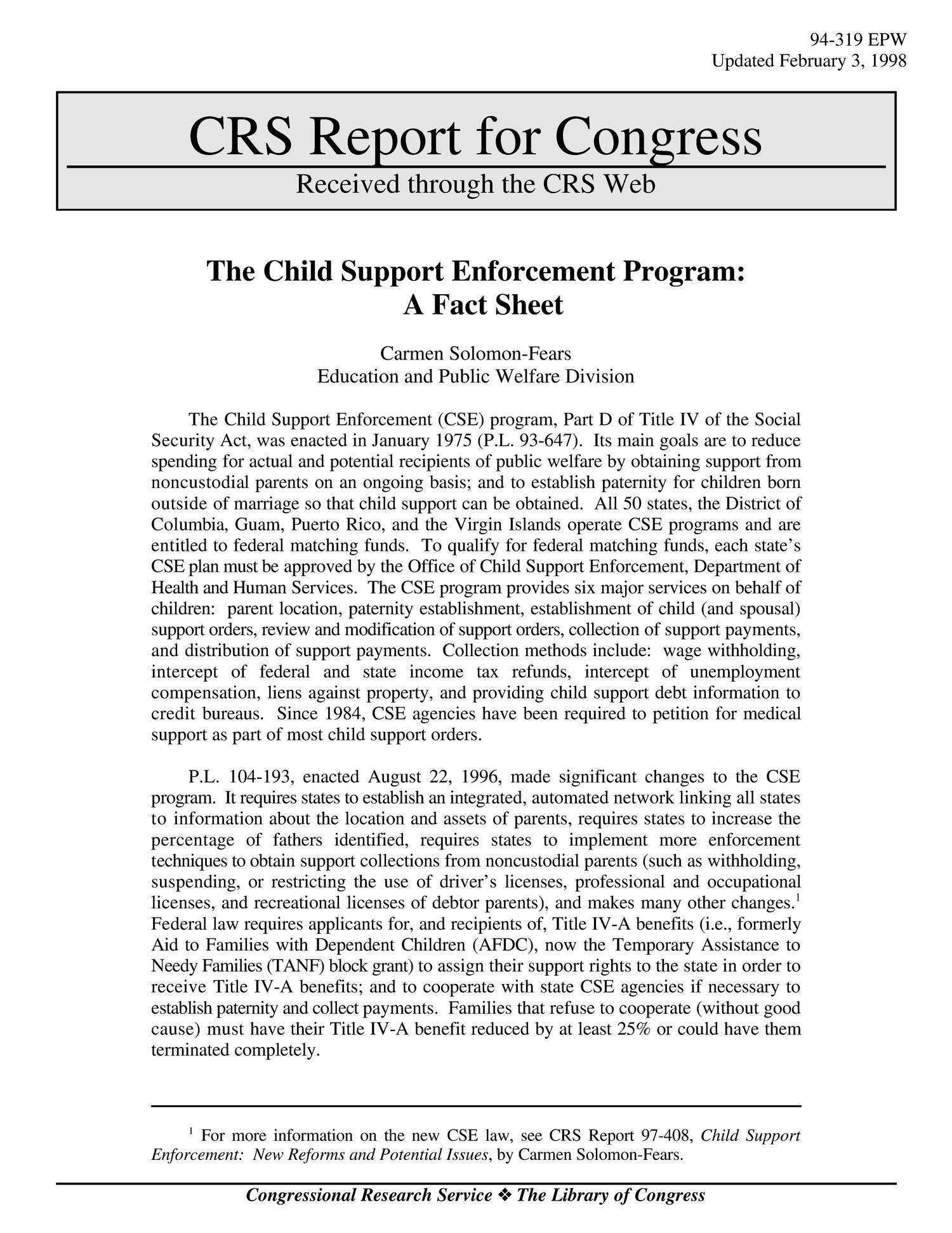 The Child Support Enforcement Program A Fact Sheet UNT Digital Library