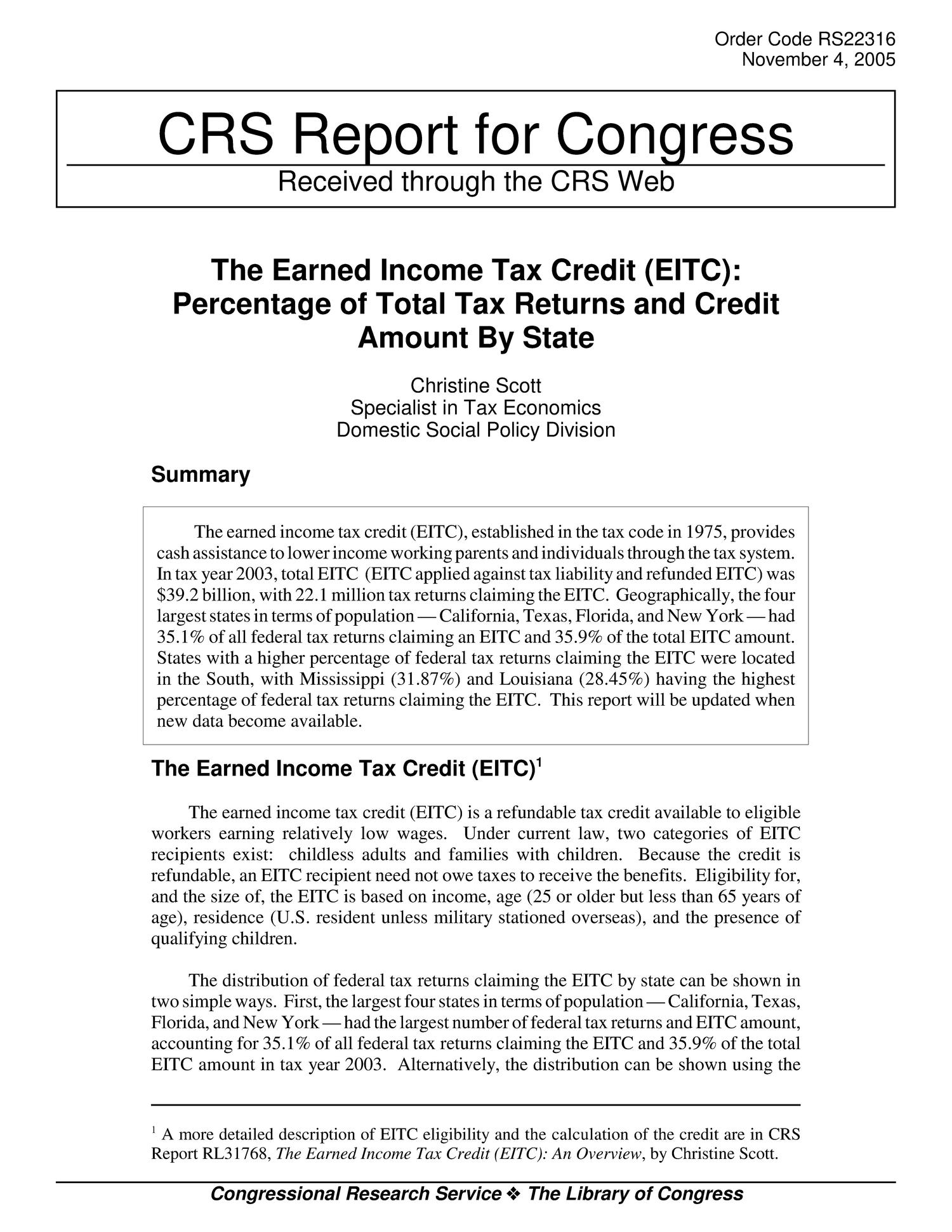 The Earned Tax Credit (EITC) Percentage of Total Tax Returns and Credit Amount by State