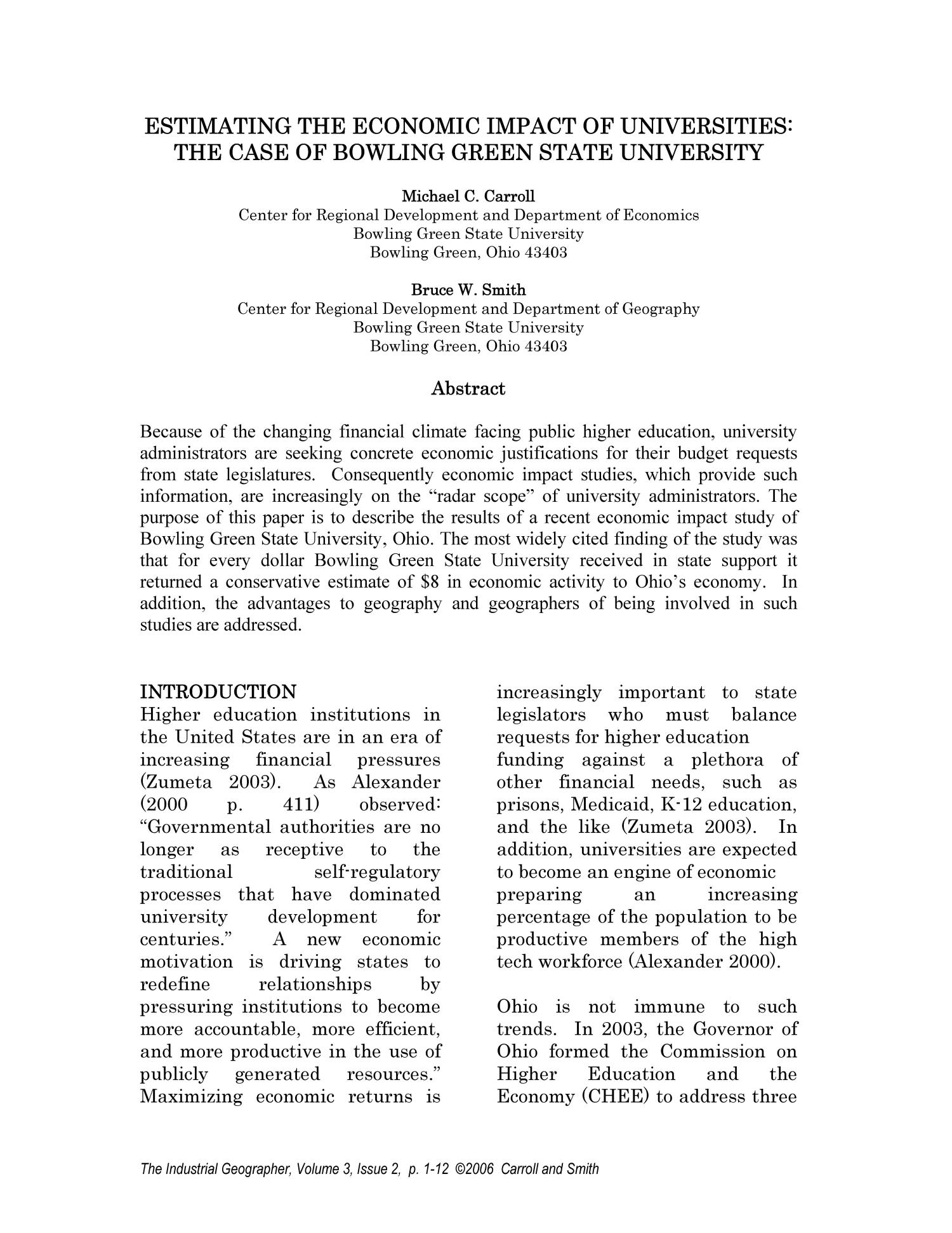 Estimating the Economic Impact of Universities The Case of Bowling