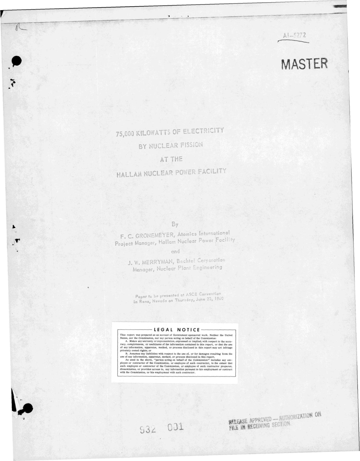 75,000 KILOWATTS OF ELECTRICITY BY NUCLEAR FISSION AT THE HALLAM NUCLEAR POWER FACILITY UNT
