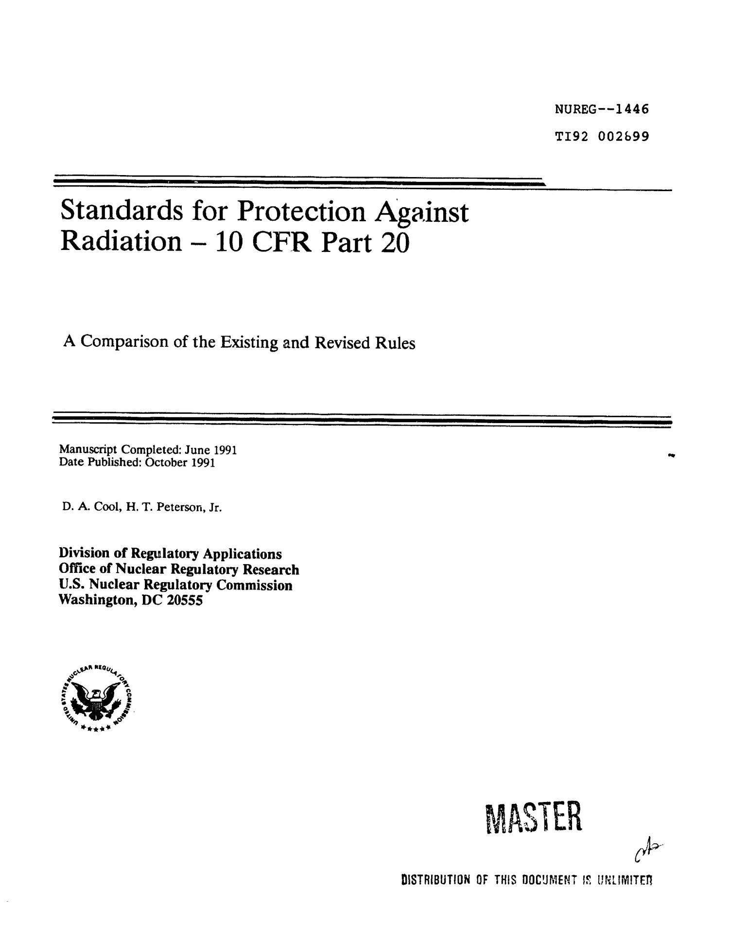 Standards for protection against radiation, 10 CFR Part 20 UNT Digital Library