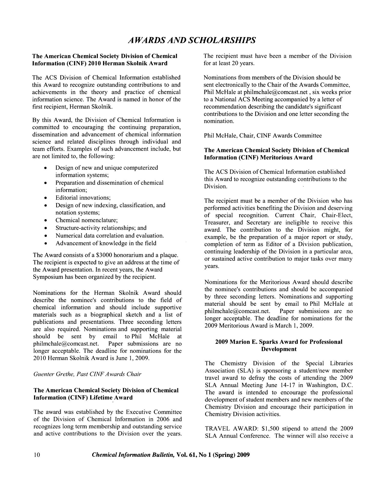 Chemical Information Bulletin, Volume 61, Number 1, Spring 2009 Page